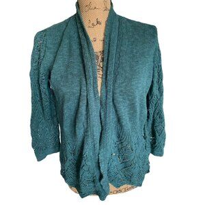 🌸3/$15🌸Green Pierced Lace Cardigan 3/4 Sleeve Open Front L